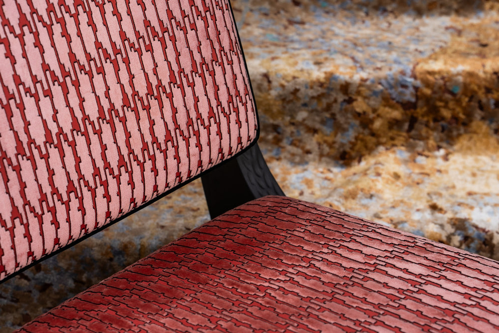 Arae Red woven upholstery and wood detail