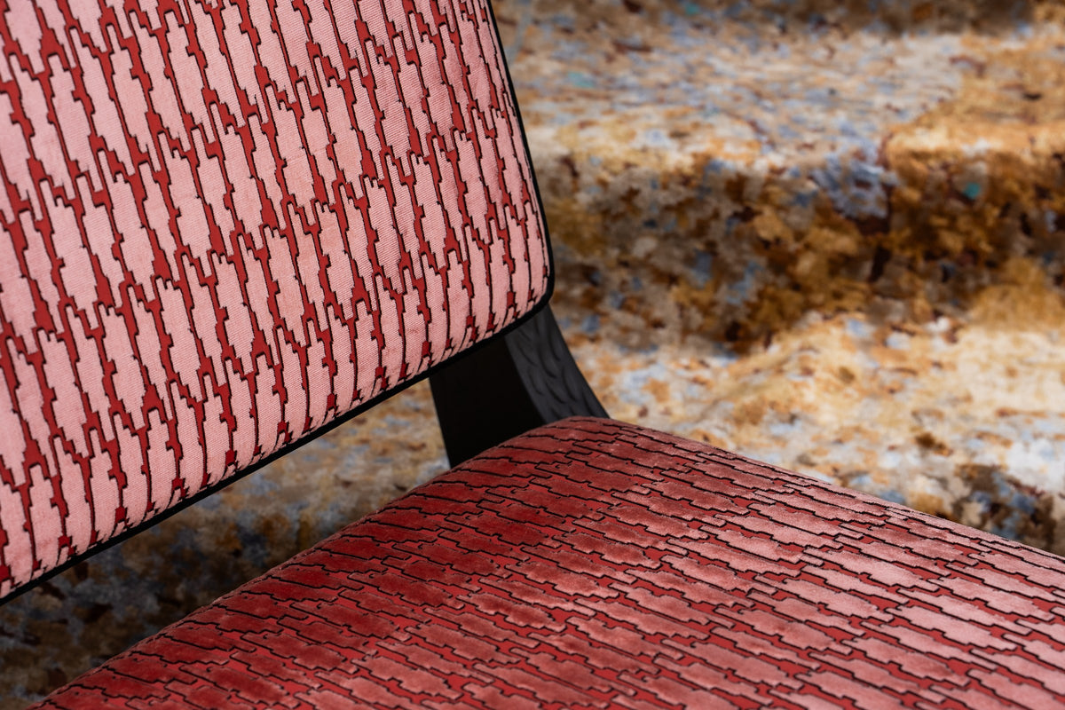 Arae Red woven upholstery and wood detail