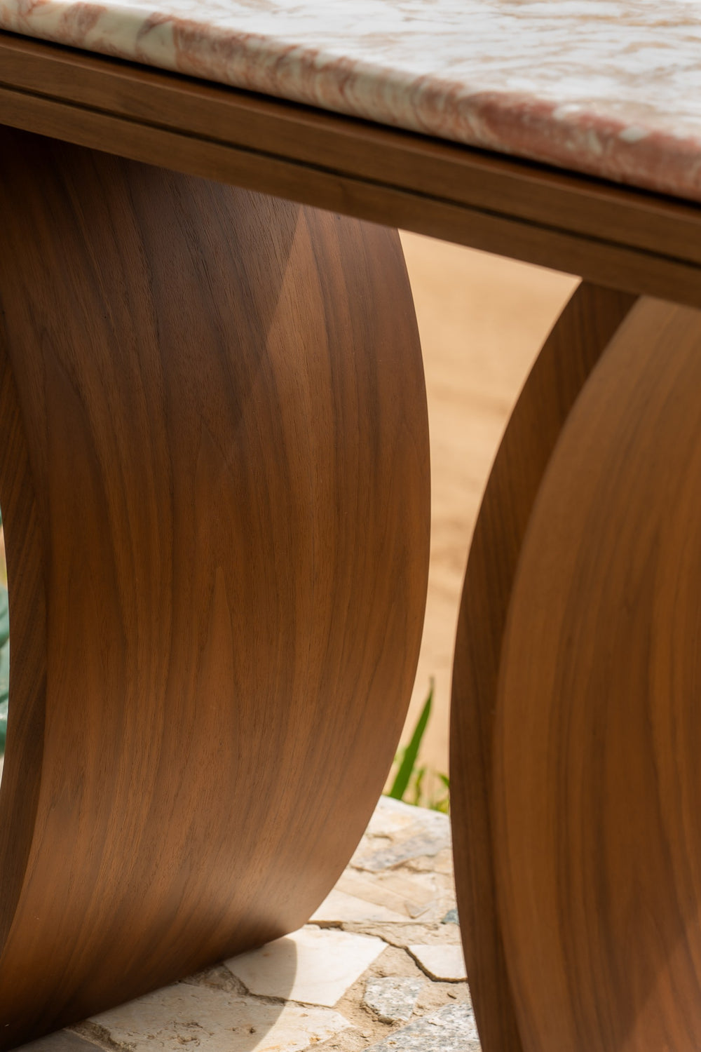 Velr Console in Stellar Rose, walnut base and marble top